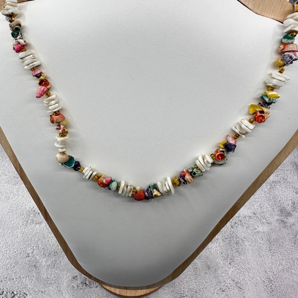 Multicolor Shell Chip Necklace Vintage Coastal Boho Festival Statement Jewelry